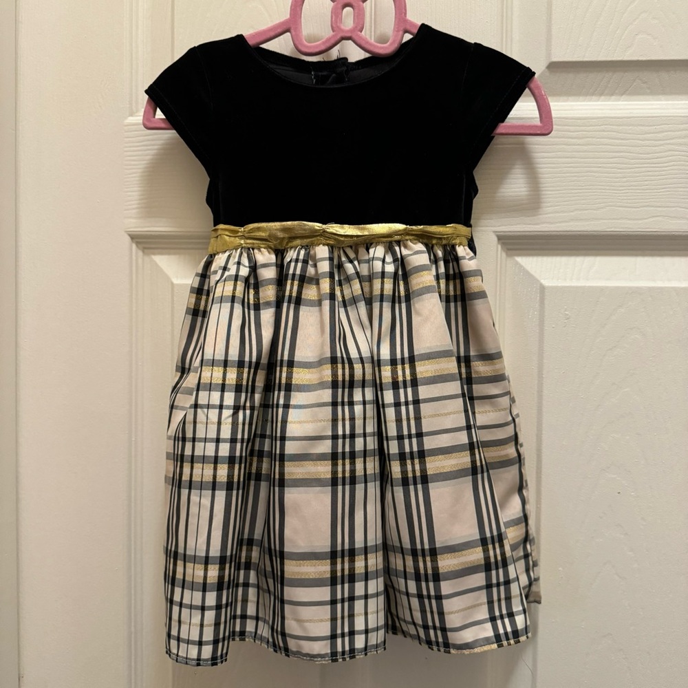 Goodlad Girl’s Black Velvet Glitter Plaid Short Sleeve Lined Full Dress 24 Month